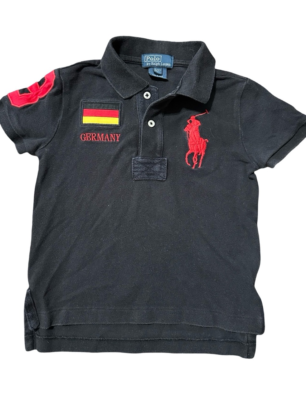 Polo by Ralph Lauren Boys 2 Black Polo Red Big Pony Germany 3 Patch Polo Shirt